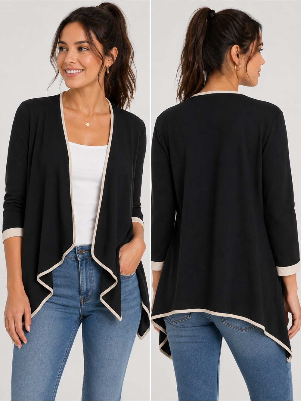 Boohoo Black Open Front Waterfall Cardigan with Contrast Trim size 8